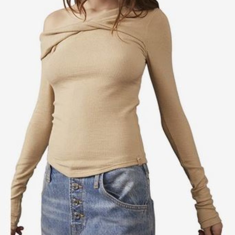 Free People Addie Top - Long Sleeve Off-Shoulder Ribbed Top in Tan